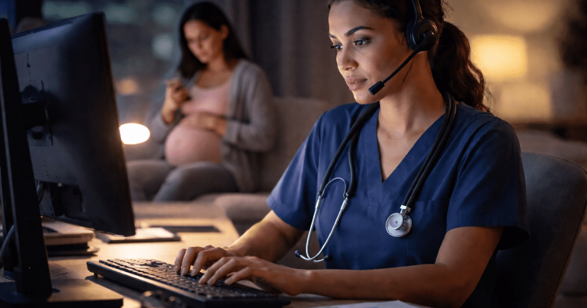 after-hours OBGYN triage calls nurse on headset at night